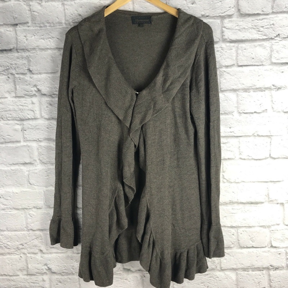 Harmonic Size M Cardigan Ruffle Trim Brown Open